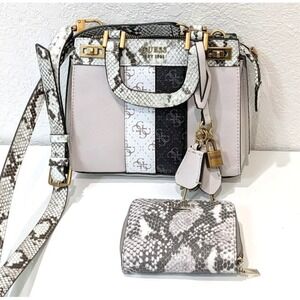 Guess KATEY Mini SATCHEL Women's Handbags, Wallet White/Light Brown FAUX PYTHON